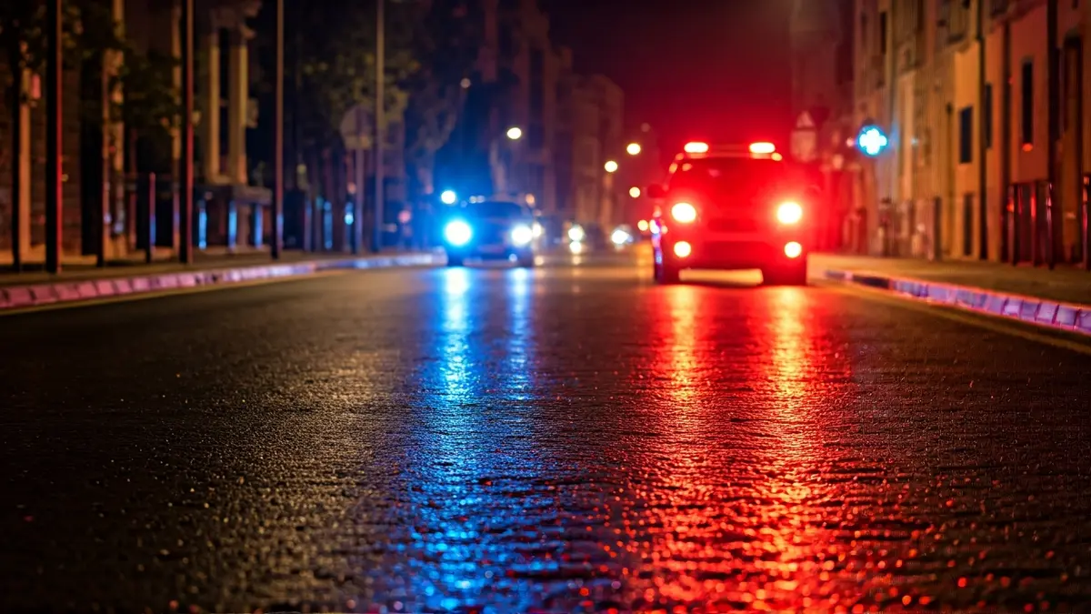Imatge genèrica de llums d'emergència reflectint-se sobre l'asfalt mullat.