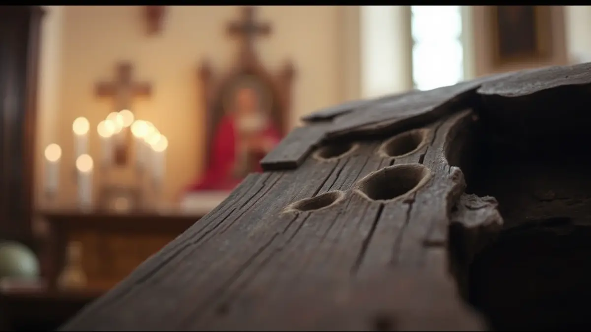 Imatge genèrica de fusta afectada per corc, amb forats i túnels visibles.