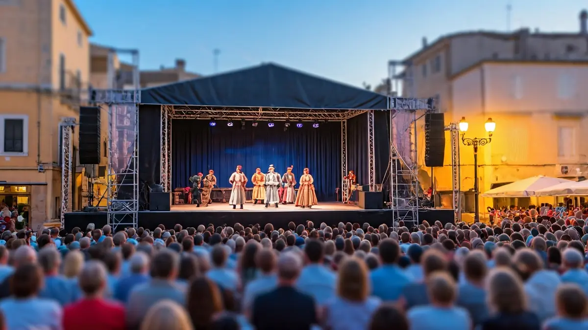 Imatge d'una representació teatral a l'aire lliure en una plaça de poble mediterrani.