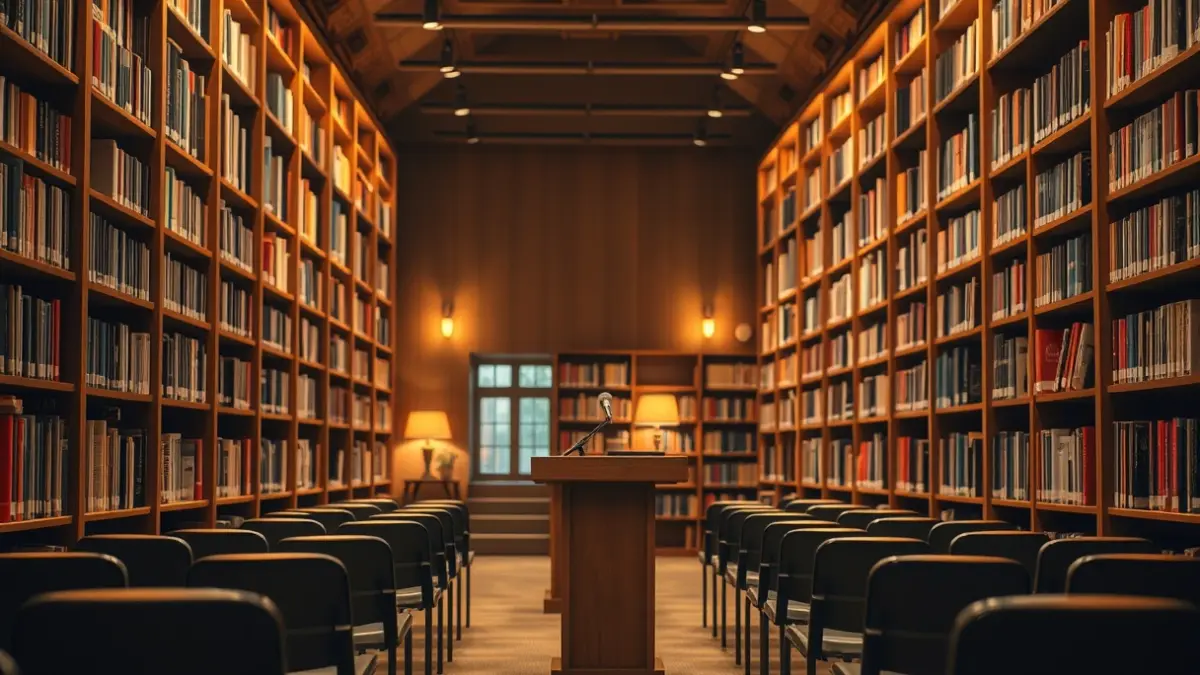 Imatge genèrica d'una sala de presentacions o biblioteca amb un micròfon en un faristol.