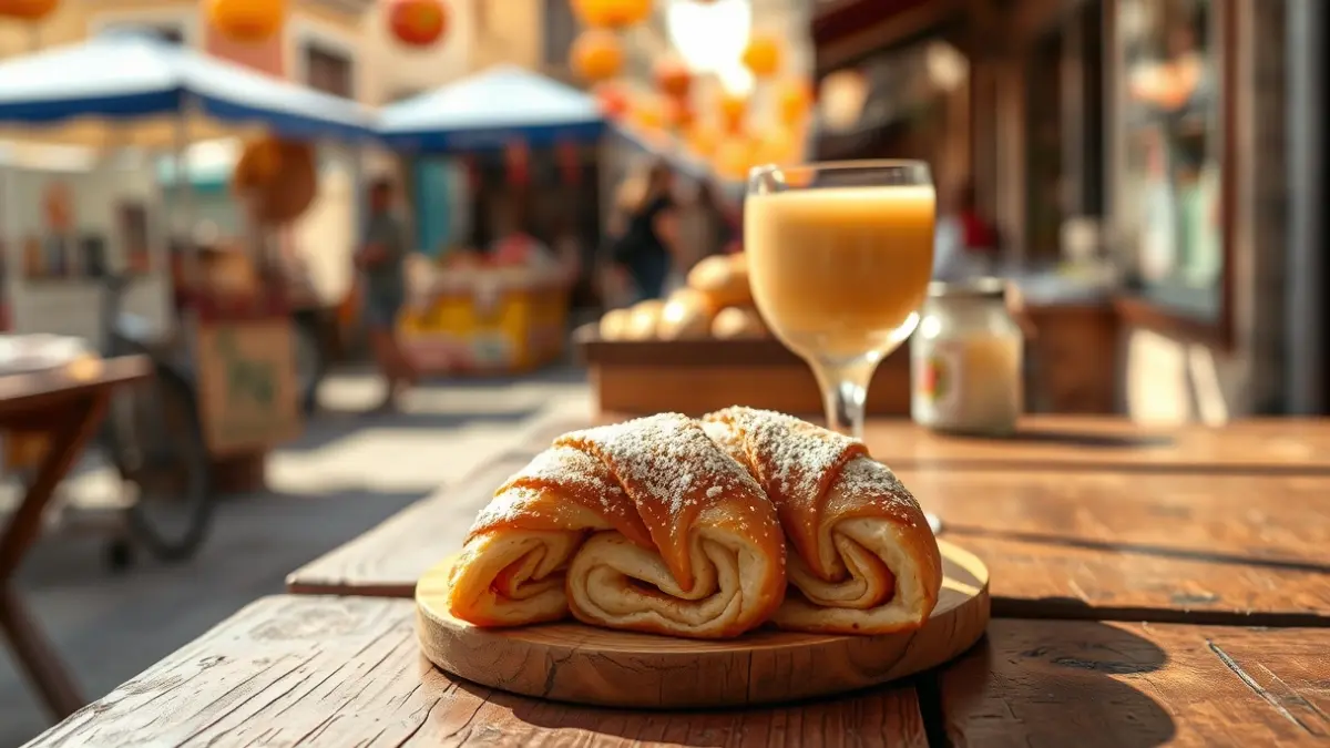 Imatge d'uns rotllets i mistela en una taula de fusta, amb un mercat festiu de fons.