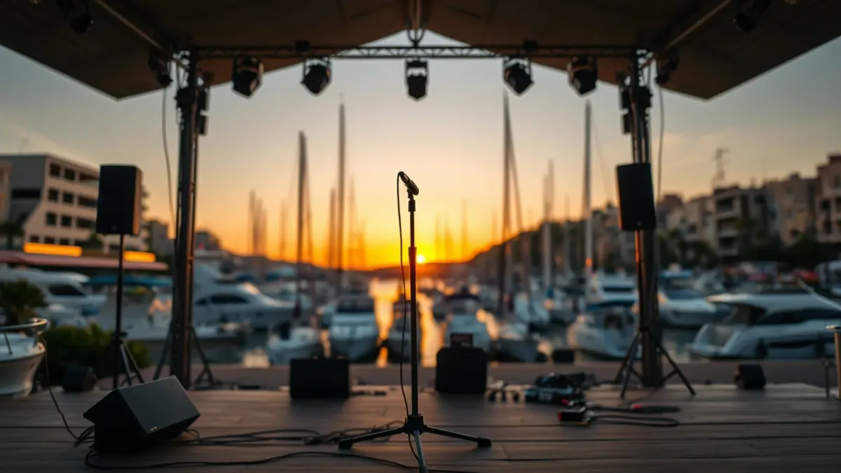 Generic image of an outdoor stage in a marina, with musical instruments and a microphone, at sunset.