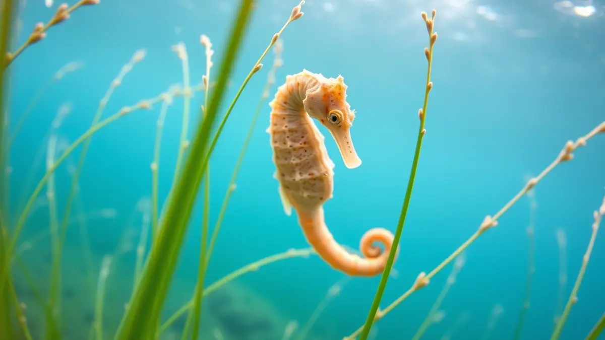 Generic image of a seahorse swimming among seagrass in clear blue water.