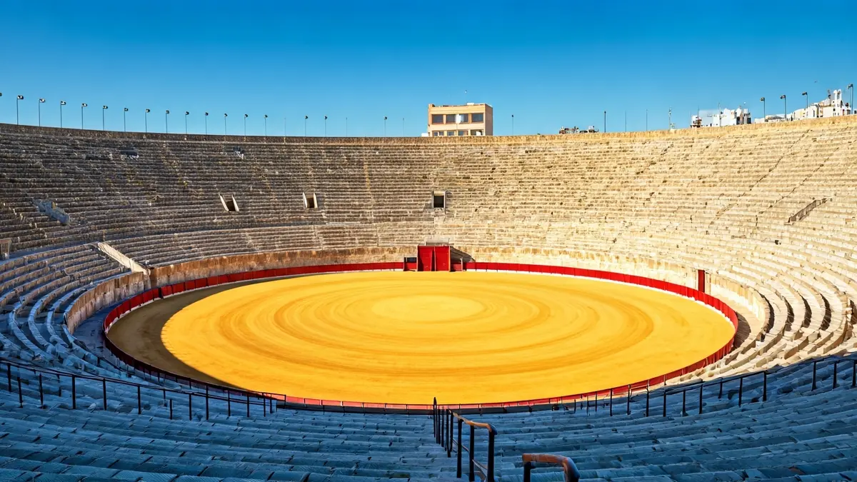Imatge de la Plaça de Bous d'Alacant, amb les grades i l'arena buida sota el sol.