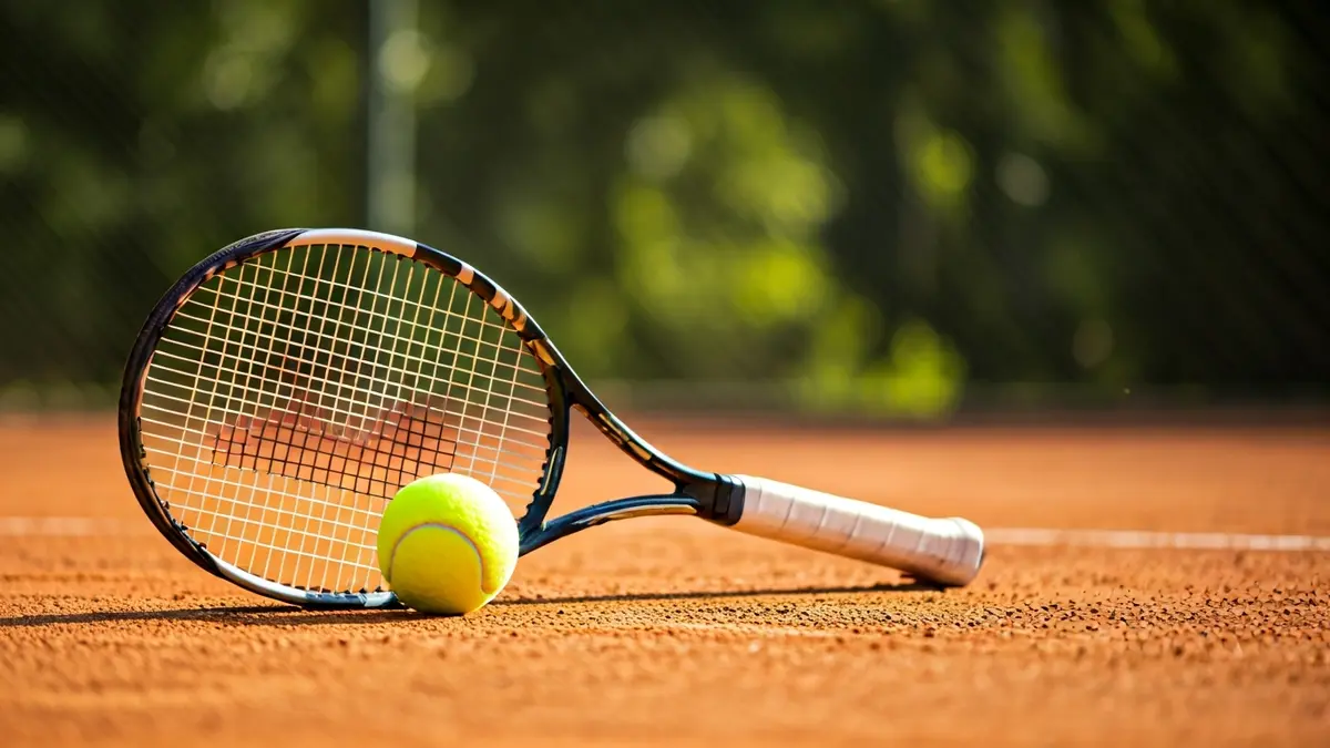 Imatge genèrica d'una raqueta de tennis i una pilota en una pista de terra batuda.