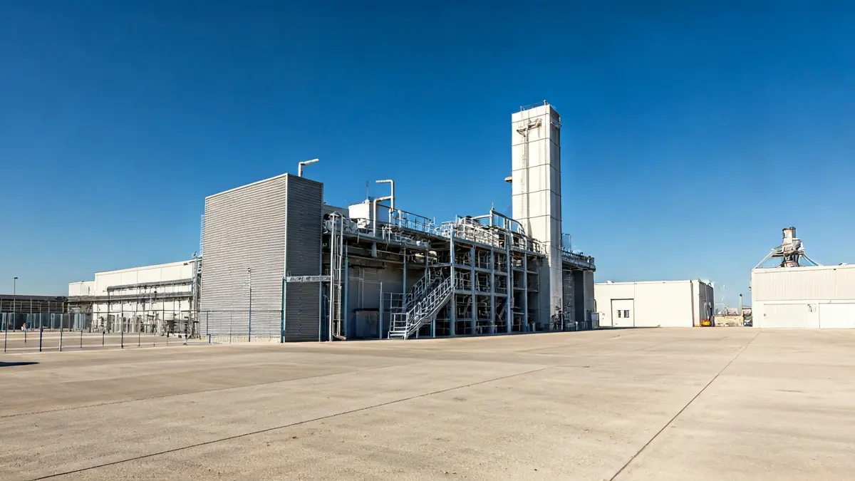 Imagen de una planta de tratamiento de residuos moderna con edificios industriales y maquinaria.
