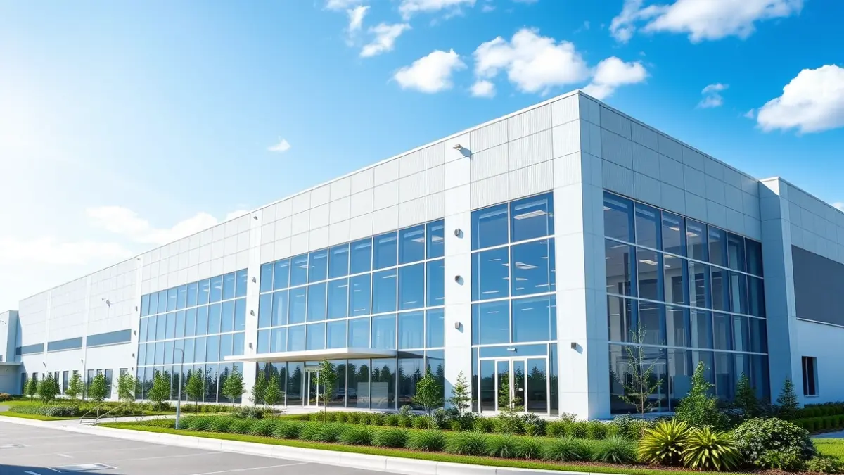 Imagen de una moderna planta industrial con tecnología avanzada en un entorno verde.