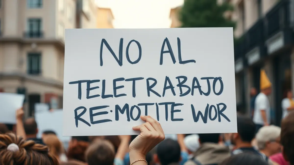 Image of a protest banner with the message 'NO AL TELETRABAJO' in a demonstration.