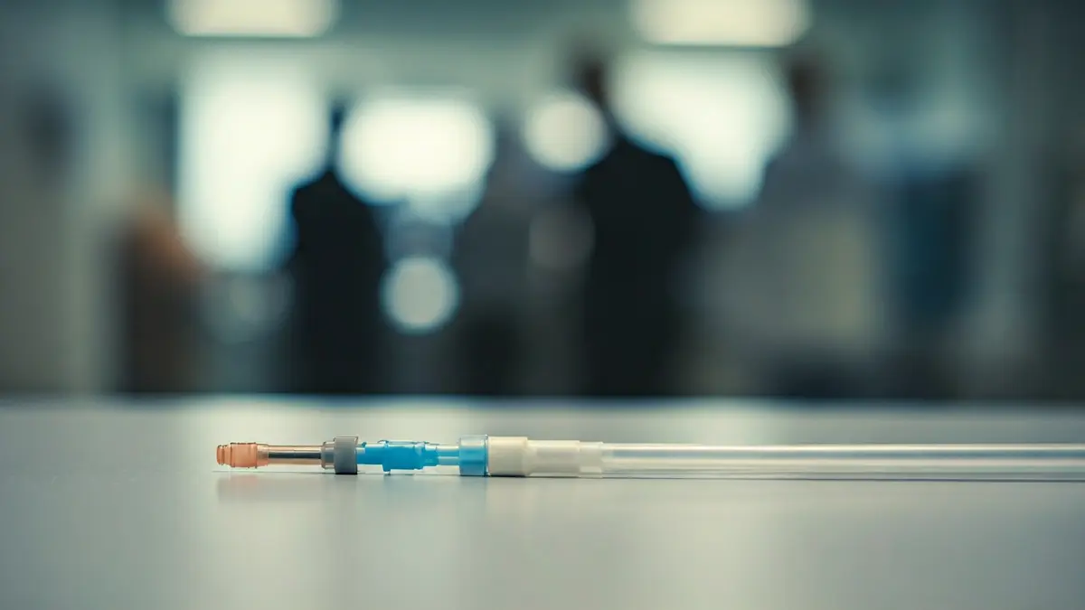 Imagen genérica de un catéter médico, estéril y sin usar, sobre una superficie clara en un entorno médico.