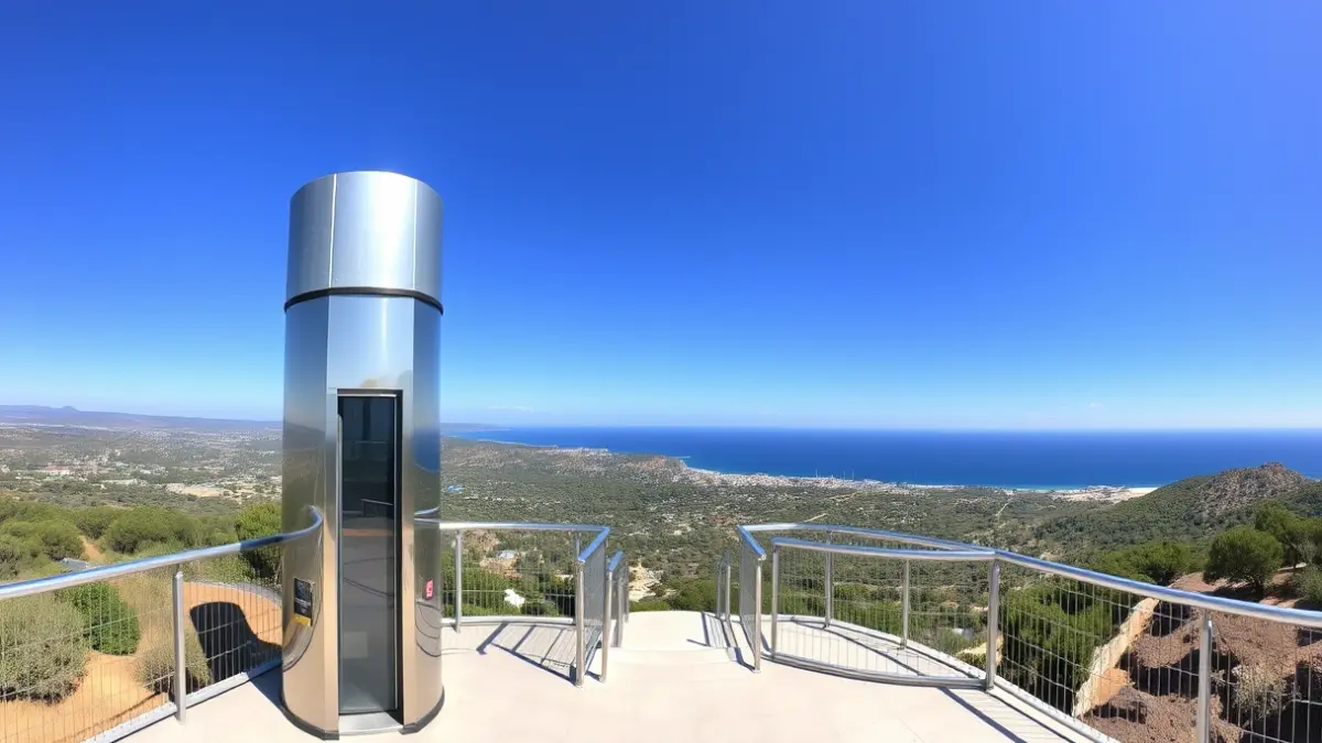 Imatge d'un mirador modern en una zona costanera, amb vistes al mar i a un parc natural.