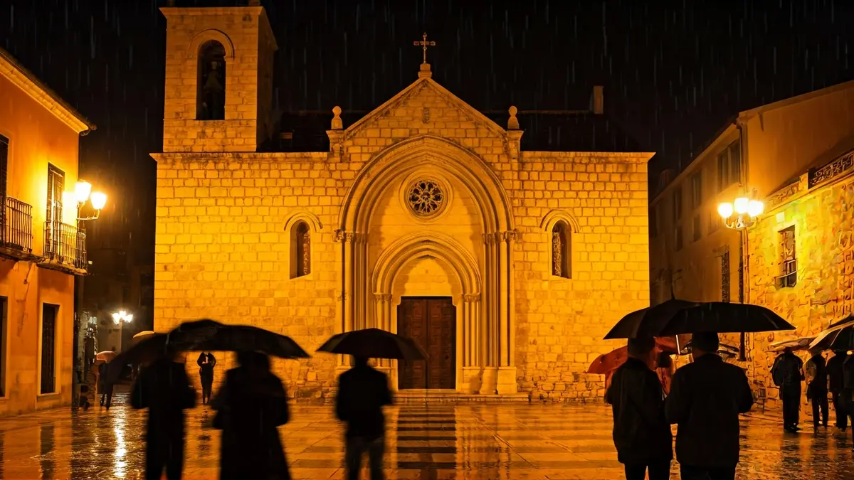 Image of a traditional church with heavy rain and blurred figures with umbrellas.