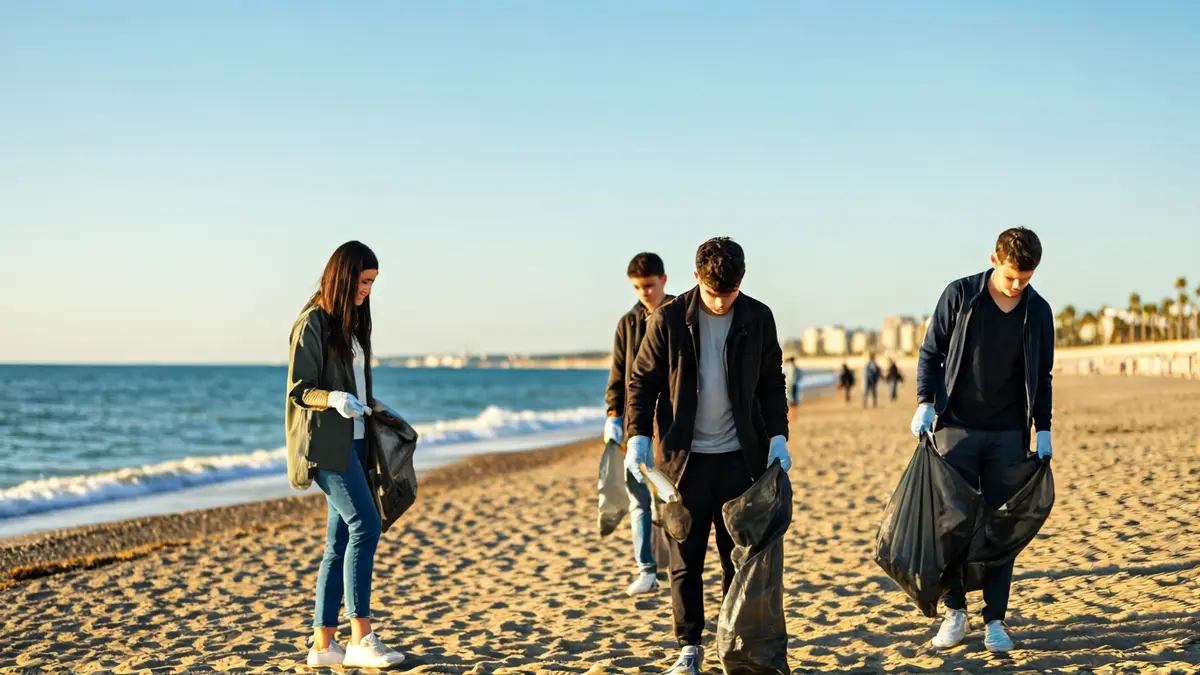 Young people participating in a beach clean-up activity in Valencia.