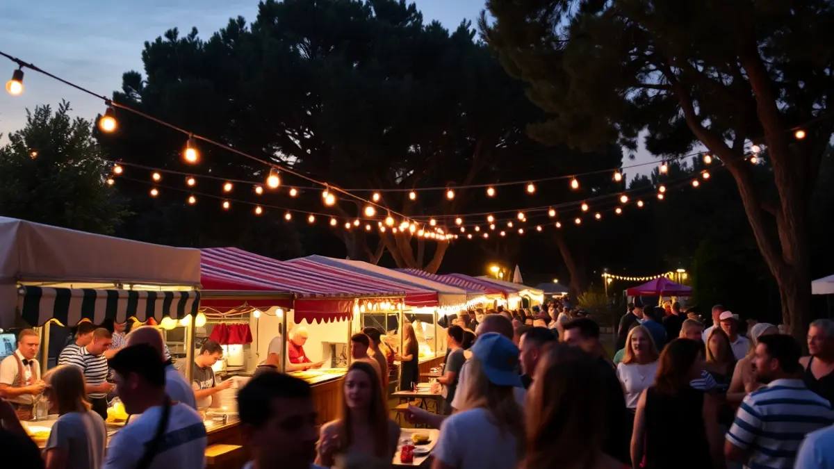 Imagen de un festival gastronómico al aire libre con puestos de comida iluminados y gente disfrutando del ambiente festivo.