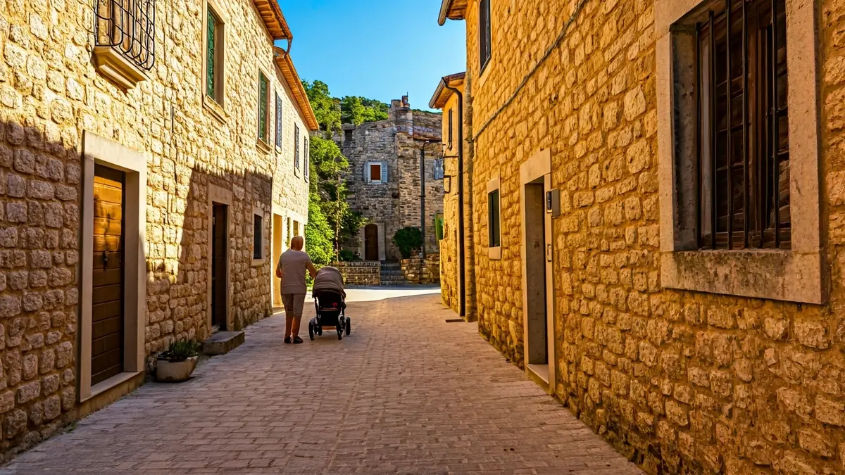 Imagen de una calle de un pueblo pequeño con casas de piedra y luz cálida, con una figura borrosa empujando un cochecito de bebé al fondo.