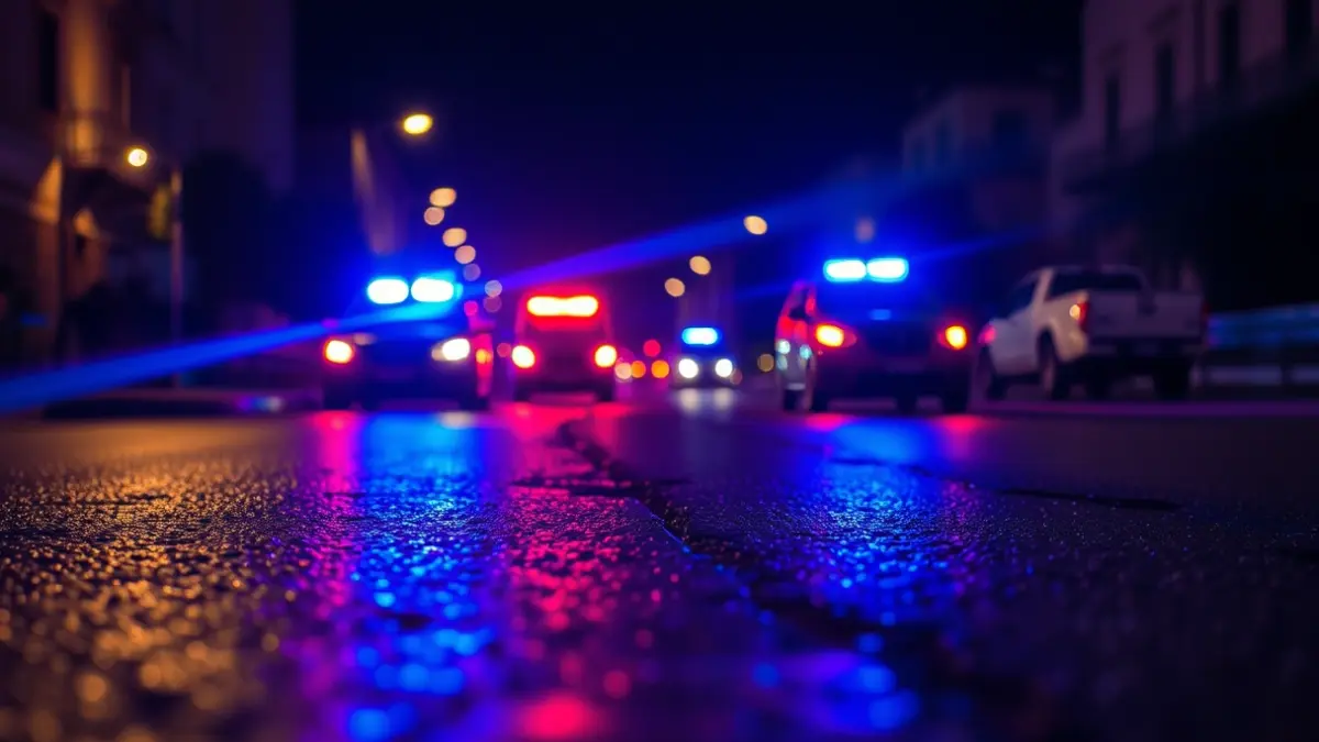Generic image of emergency lights reflecting on wet asphalt at night.