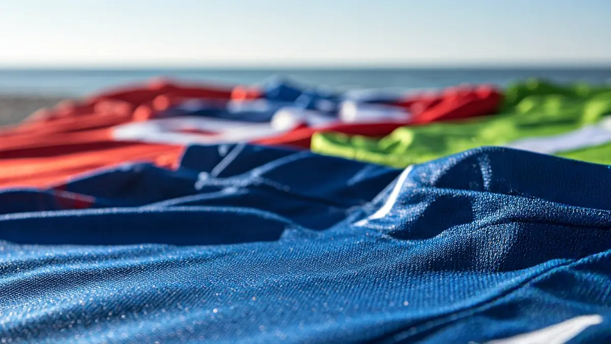 Image of counterfeit products, such as football jerseys and handbags, in a beach setting.