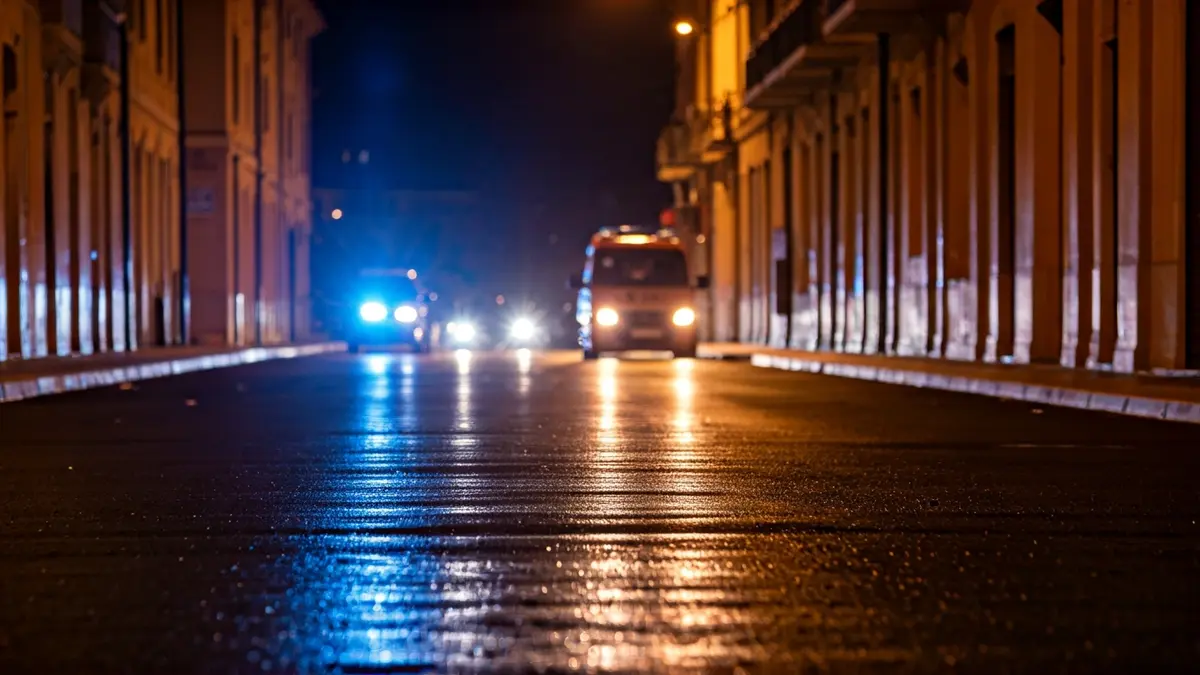Generic image of emergency lights reflecting on wet asphalt.