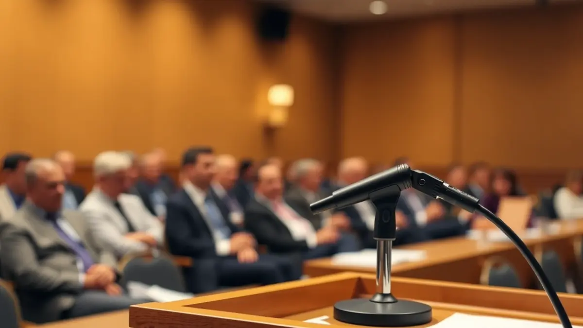 Imatge genèrica d'un micròfon en un faristol en una sala de conferències, amb figures borroses al fons.