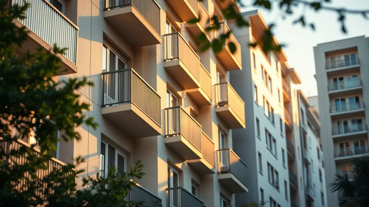 Imatge genèrica d'un edifici residencial modern en una ciutat mediterrània, amb balcons i llum solar càlida.