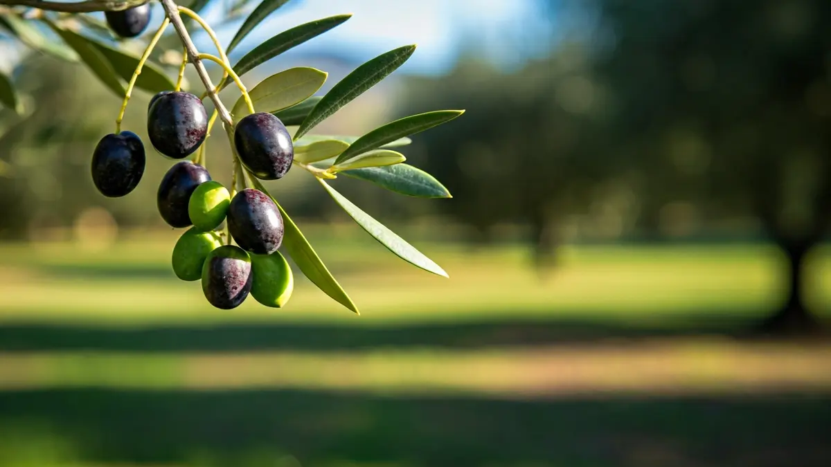 Imagen genérica de aceitunas en una rama, con campos de olivos desenfocados al fondo bajo el sol mediterráneo.