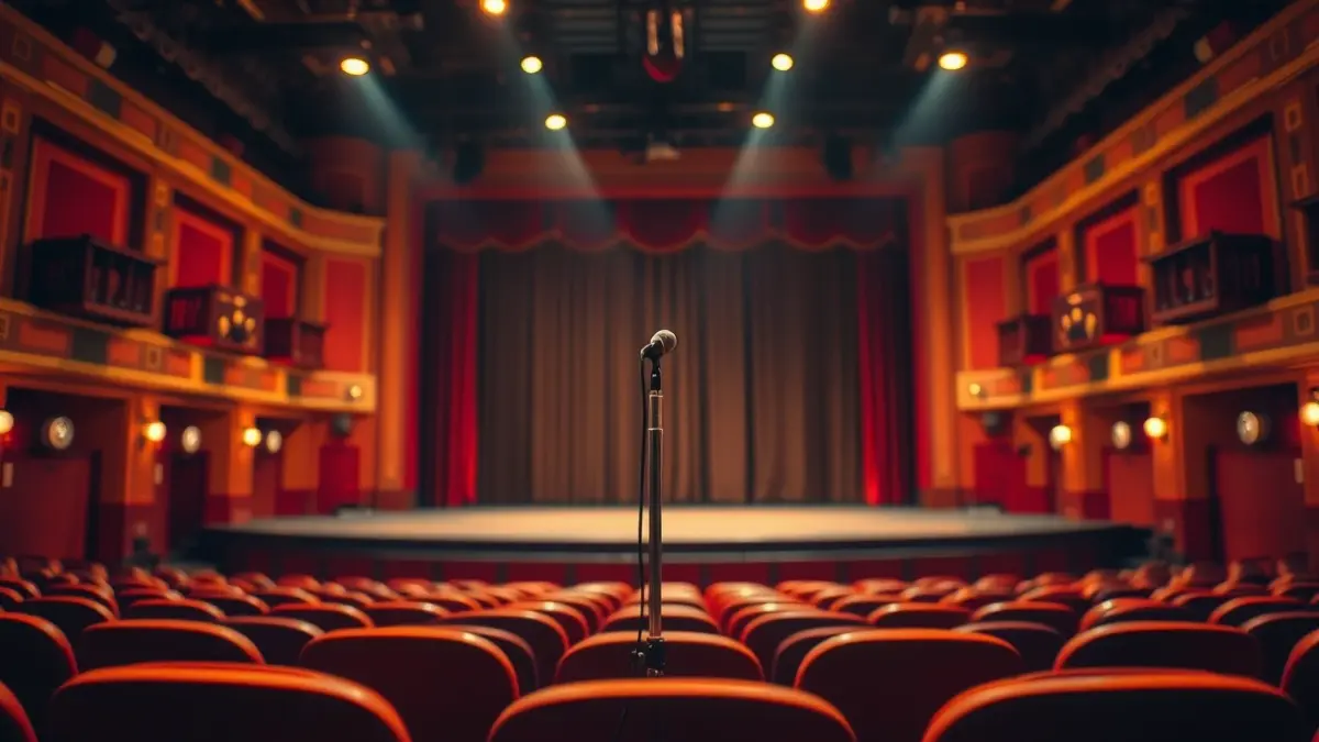 Imagen genérica de un escenario de teatro antiguo con un micrófono bajo un foco, con asientos vacíos en primer plano.