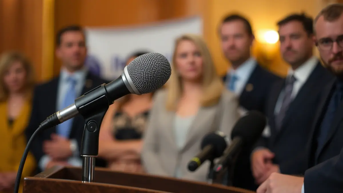 Generic image of a microphone on a podium during a press conference.