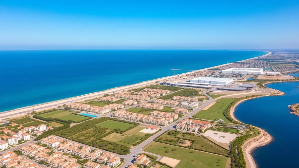 Aerial image of a coastal area in the Valencian Community, with a green strip between residential buildings and an industrial area.