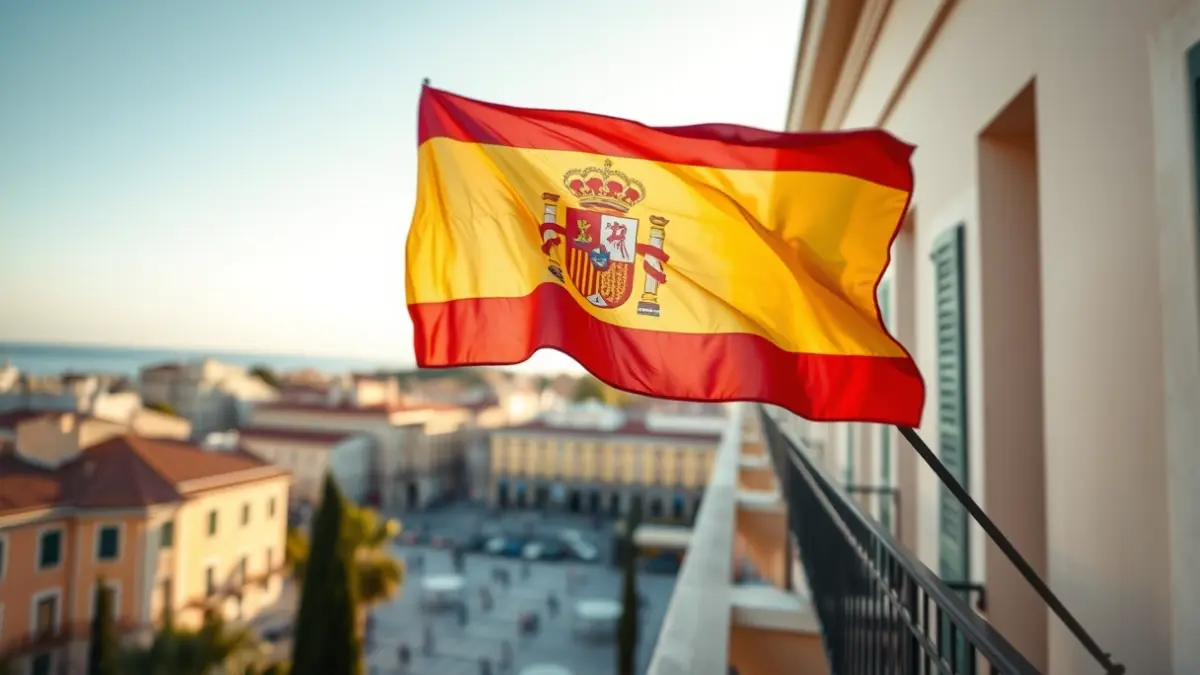 Imagen de una bandera española en un balcón de un edificio municipal, con una plaza de pueblo mediterránea al fondo, simbolizando tensión política.