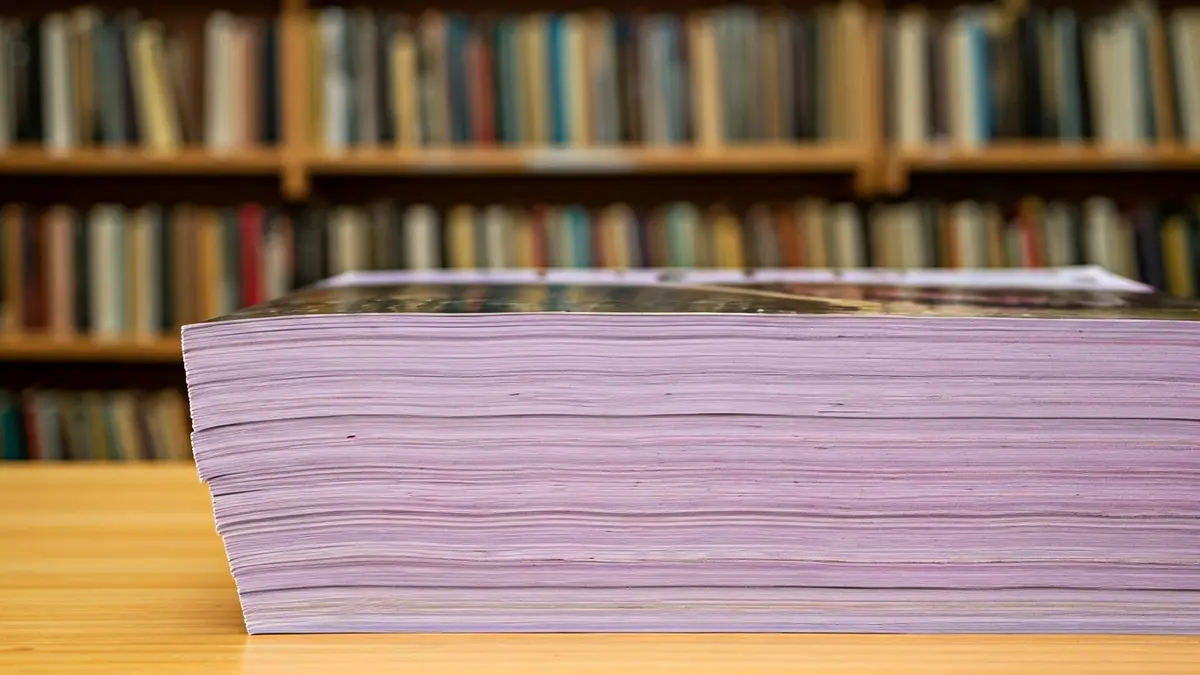 Imatge genèrica de revistes amb tonalitats morades en una taula de fusta en una biblioteca.