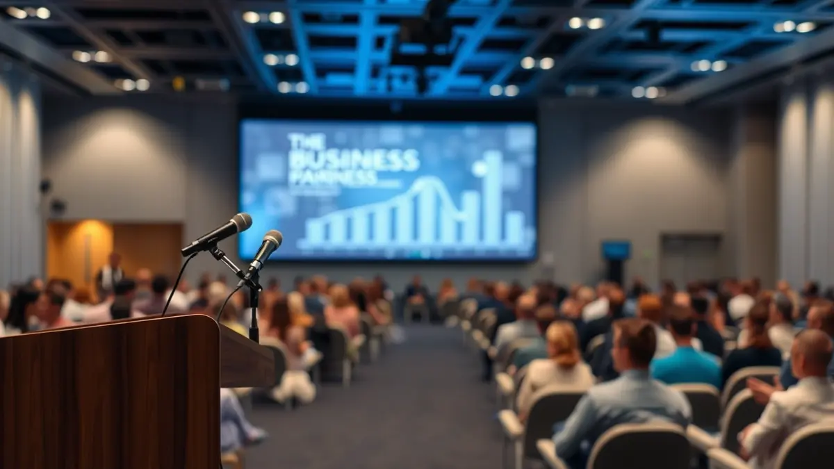 Imatge genèrica d'un fòrum empresarial amb un podi i micròfons.