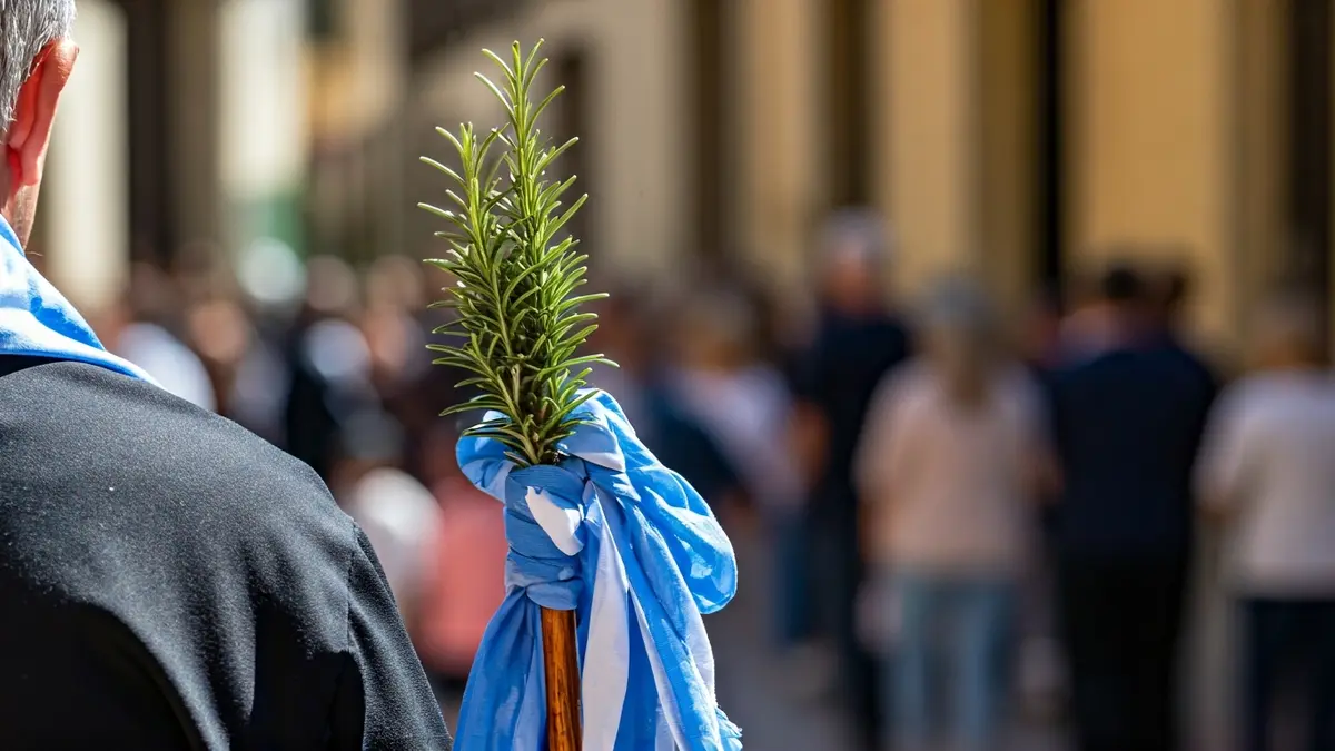 Imatge d'una canya de romer adornada amb un mocador blau i blanc, símbol de la romeria de la Santa Faç.