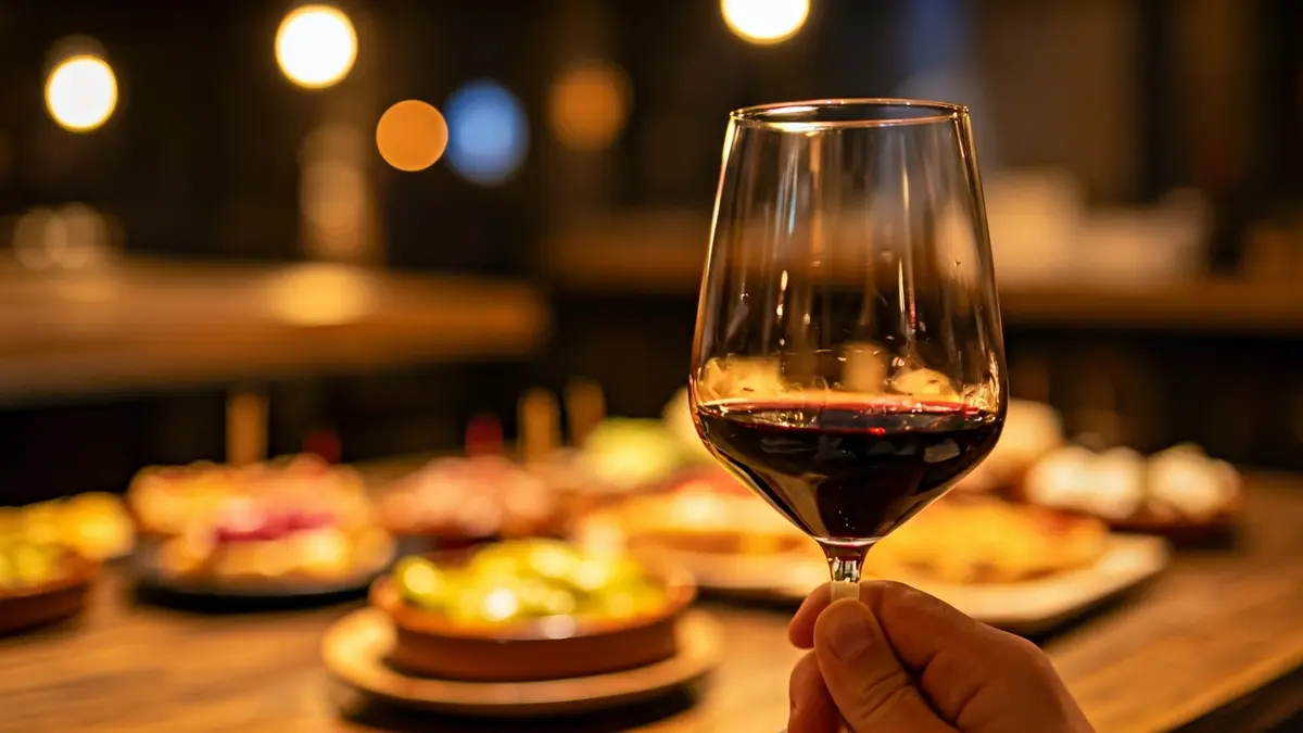 Imagen genérica de una copa de vino y tapas en un ambiente festivo.
