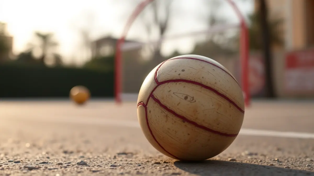 Generic image of a 'raspall' ball on a 'trinquet' court, with a blurred background.