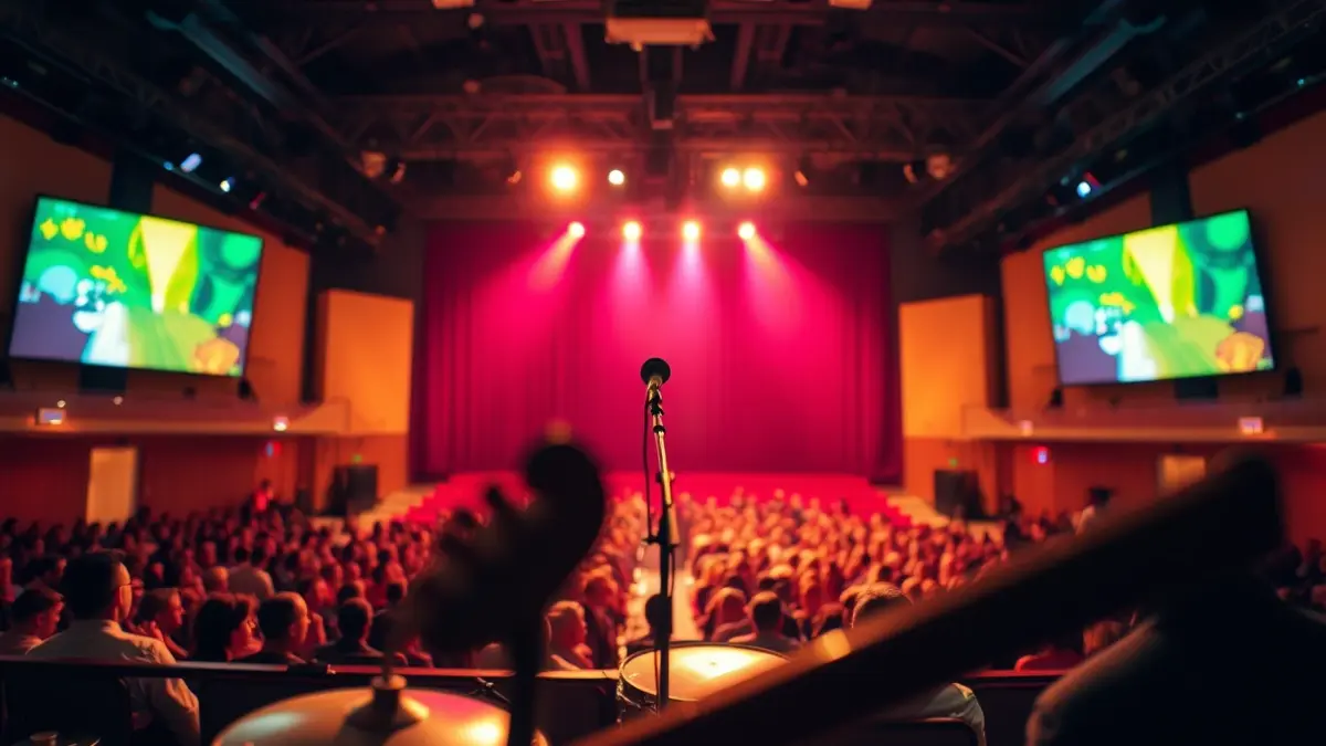 Imagen genérica de un escenario con luces y un micrófono, con instrumentos musicales en primer plano.