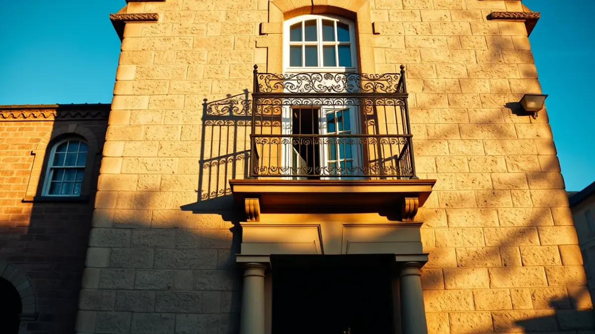 Façana de l'ajuntament de la Salzadella amb balcó i baranes de ferro, banyada per la llum del sol de la vesprada.