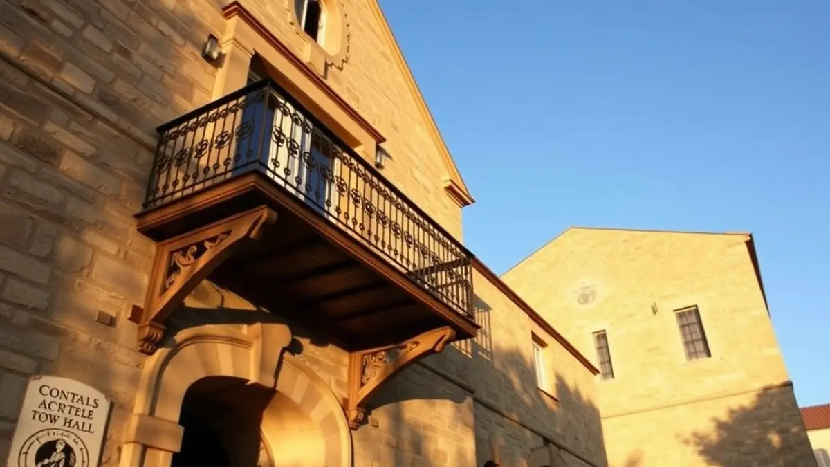 Facade of La Salzadella town hall with balcony and iron railings, bathed in afternoon sunlight.