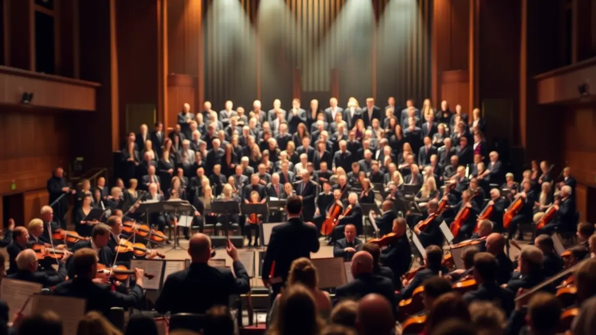 Generic image of a symphony orchestra and choir performing on a stage.