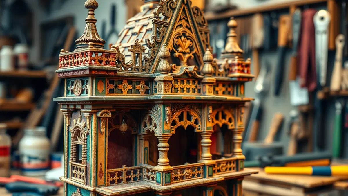 Imagen de una falla en construcción, con detalles de madera y cartón piedra, en un taller.