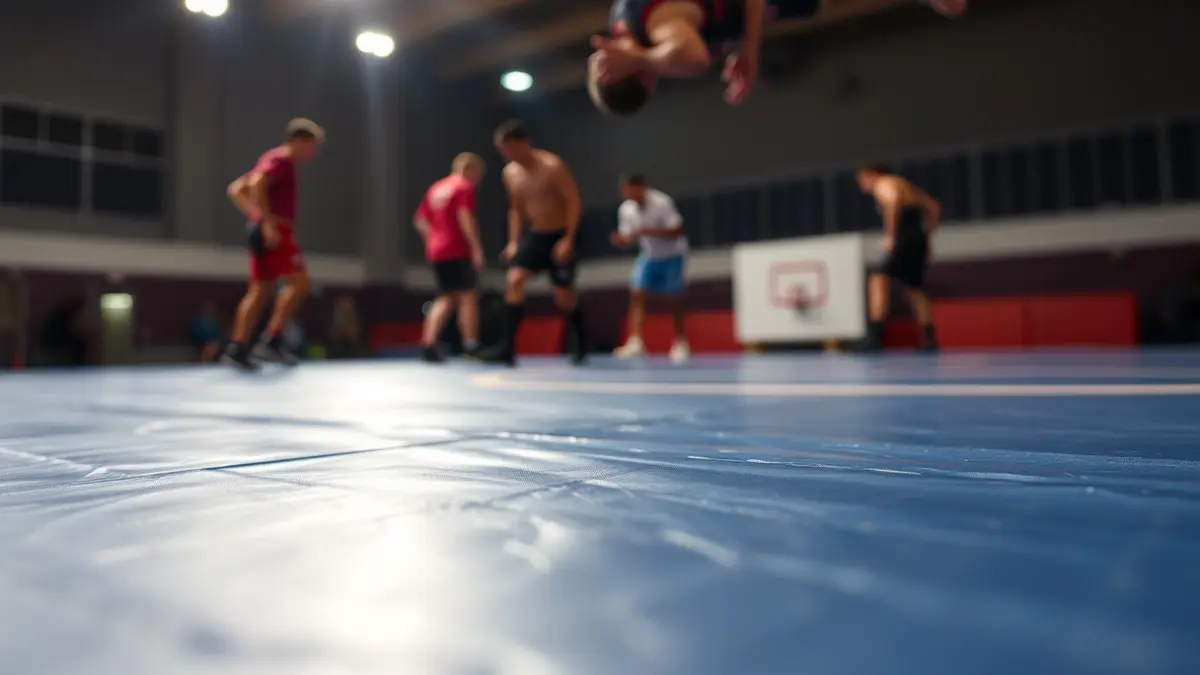Imatge genèrica d'un tapís de lluita olímpica amb figures borroses al fons.