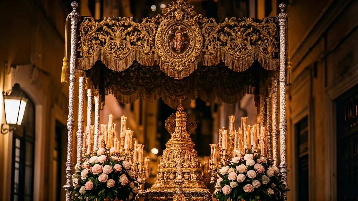 Imatge d'un dosel de Setmana Santa amb detalls artístics.