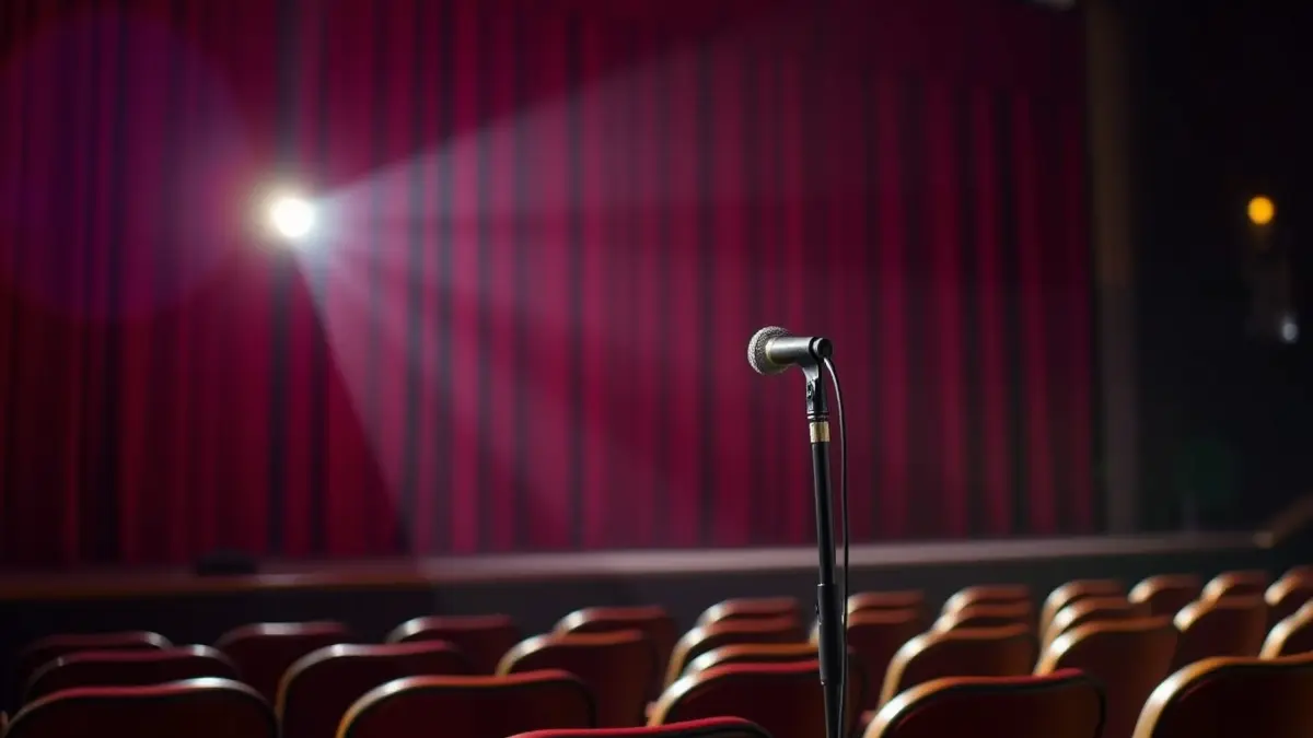Imagen genérica de un escenario de teatro con un micrófono y cortinas rojas, con asientos vacíos en primer plano.