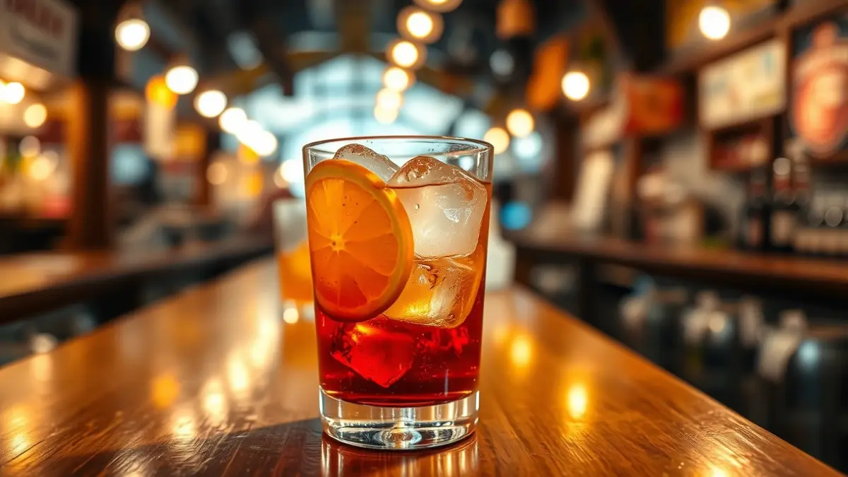 Imatge genèrica d'un got de vermut amb gel i una rodanxa de taronja en una barra de fusta.