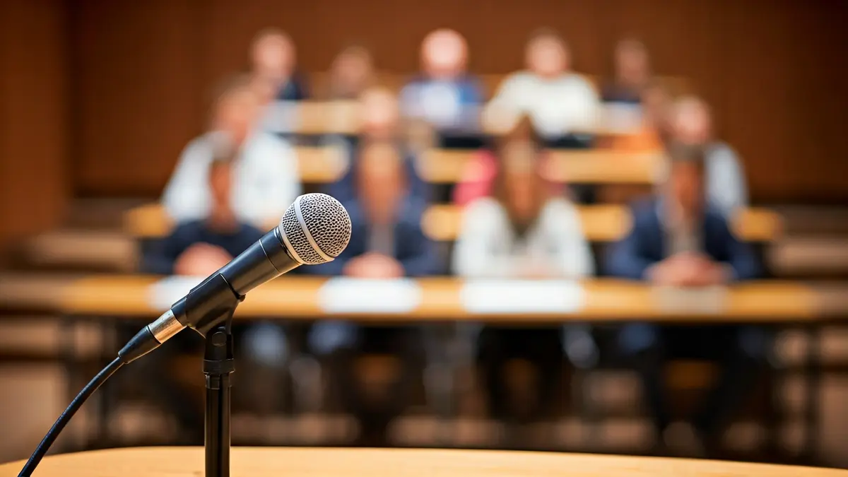 Imagen genérica de un micrófono en un atril en un contexto académico.