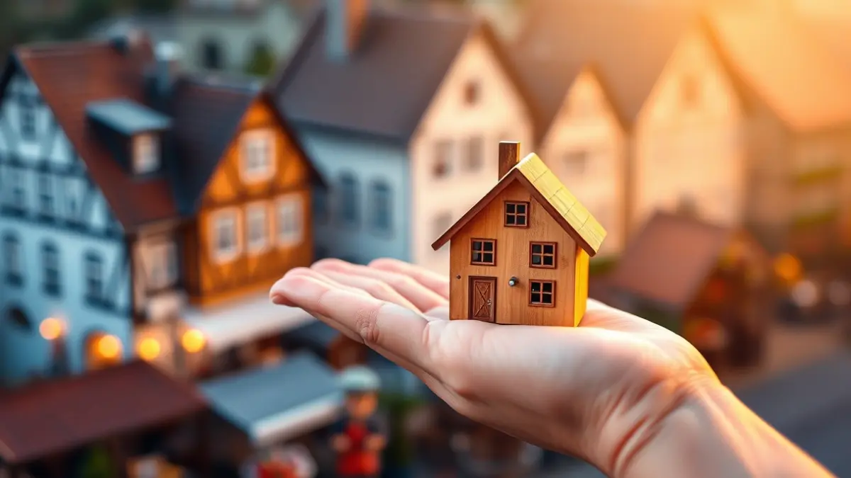 Generic image of a hand holding a small wooden house figurine, symbolizing connection between small towns.