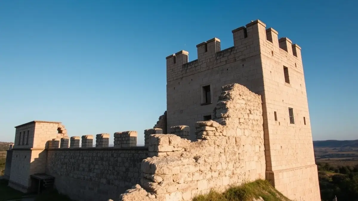 Cullera Castle wall affected by DANA, with Mediterranean landscape in the background.