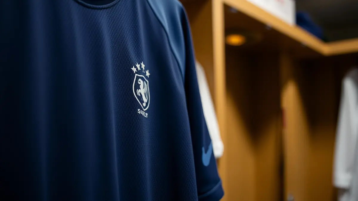 Imatge d'una samarreta de futbol blava fosca amb l'escut del club i el logotip del patrocinador.