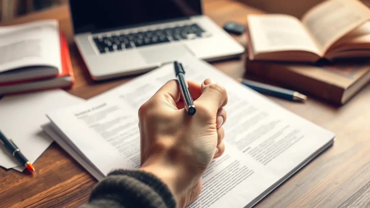 Generic image of a hand holding a pen over an open exam paper, with blurred books and a laptop in the background, in a focused study environment.