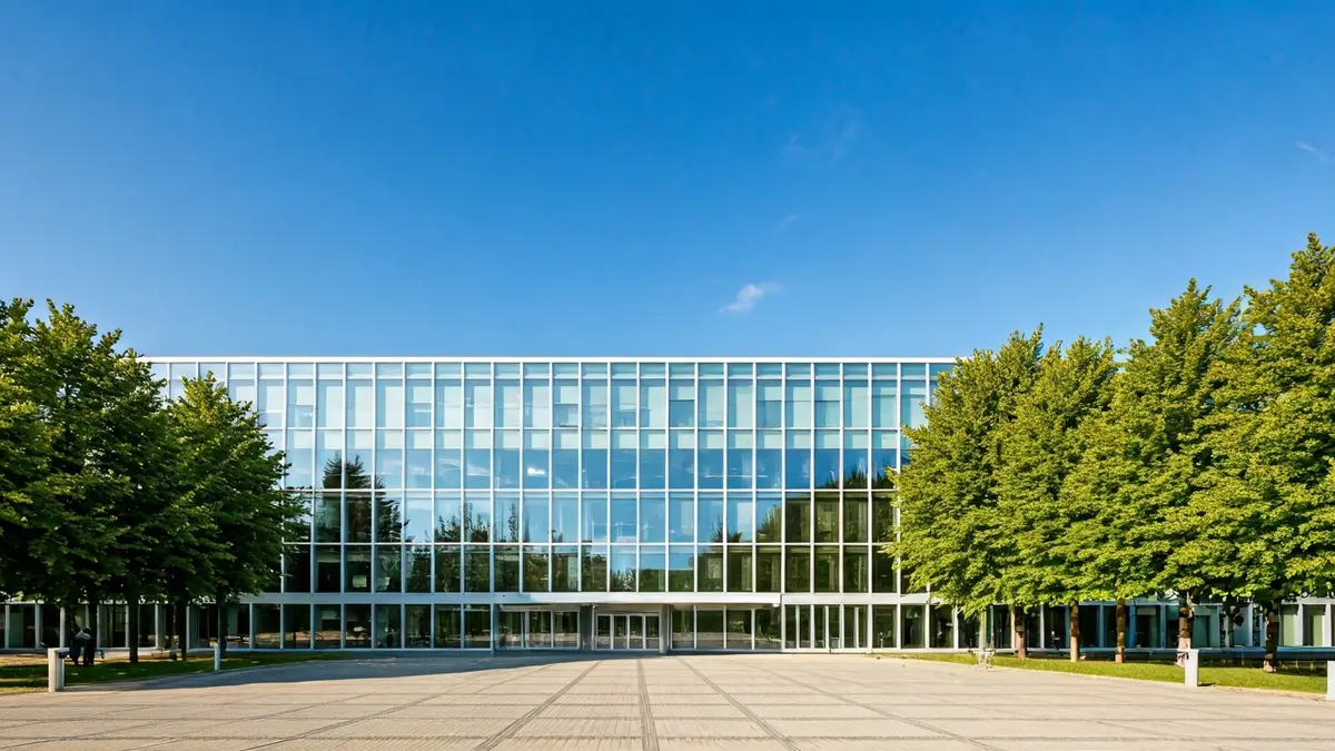 Imatge genèrica d'un edifici universitari modern, amb finestres grans i arbres al voltant, sota un dia assolellat.