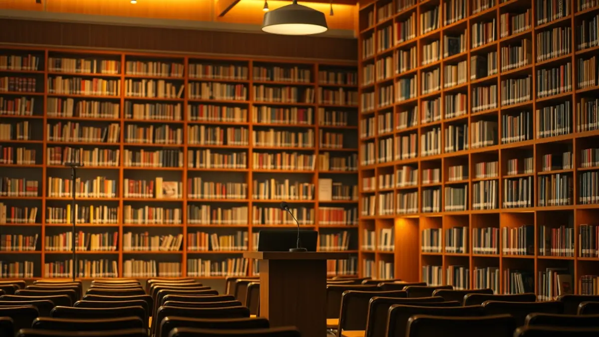 Generic image of a library with wooden bookshelves and a podium, with a warm reading atmosphere.