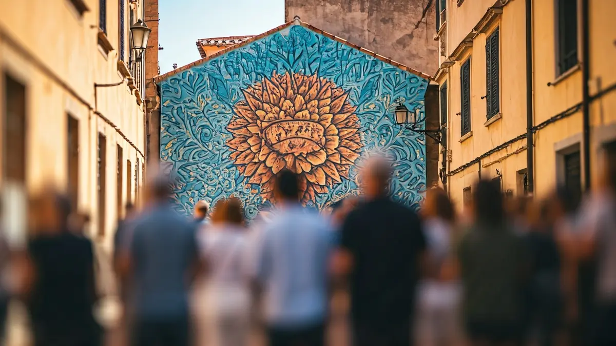 Imagen de un mural de arte urbano en una fachada, con personas observándolo en un pueblo mediterráneo.